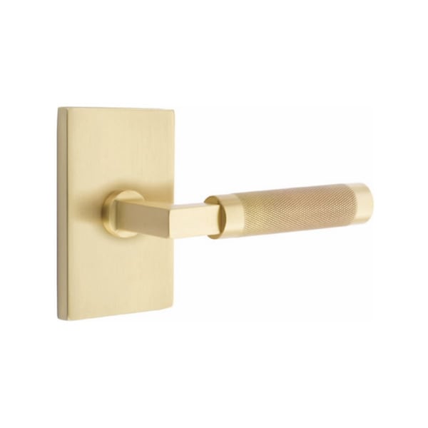 2.375 in. L-Square Stem Knurled Left Hand Backset Privacy Lever with Modern Rectangular Rose for 1.25 To 2 in. Door - Satin Brass Finish