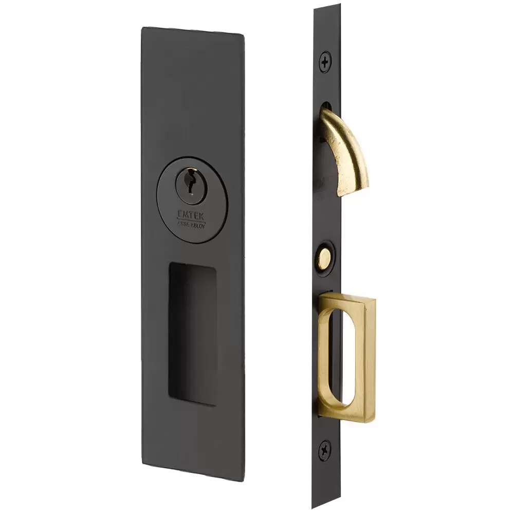 2153US19134 Narrow Modern Rectangular Keyed Pocket Door Mortise Lock for 1.75 in. Door - Flat Black Finish