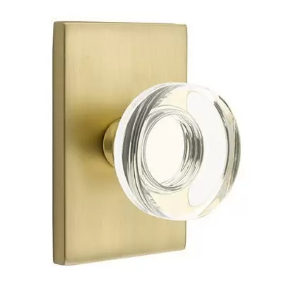 5112MDCUS4 2.375 in. Modern Disc Glass Backset Passage Knob with Modern Rectangular Rose for 1.25 To 2 in. Door - Satin Brass Finish