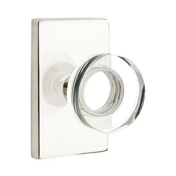 5112MDCUS14 2.375 in. Modern Disc Glass Backset Passage Knob with Modern Rectangular Rose for 1.25 To 2 in. Door - Polished Nickel Lifetime Finish