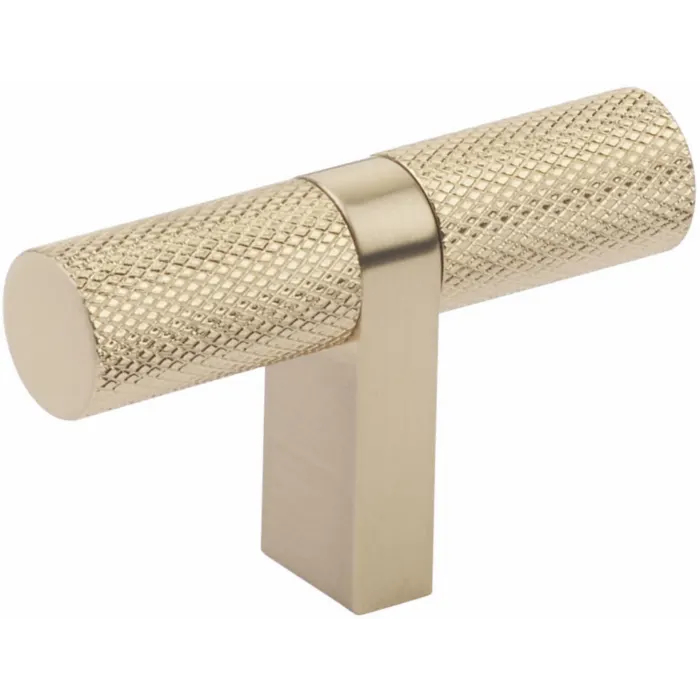 86656.RCBUS4.KNUS4 2.25 in. Overall Rectangular Bar Stem Knurled Select Cabinet T Knob - Satin Brass Finish