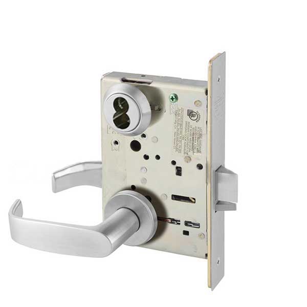 638237LNL26D Classroom Mortise Lock with L Lever & LN Rose, LA Keyway Large Format Interchangeable Core - Satin Chrome