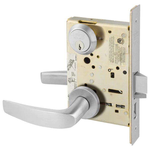 8255LNB26D Entry Mortise Lock with B Lever & LN Rose, LA Keyway - Satin Chrome