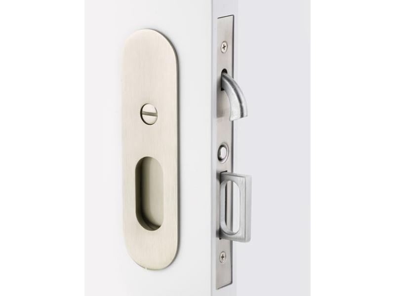 2165US15134 Narrow Oval Privacy Pocket Door Mortise Lock for 1.75 in. Door, Satin Nickel