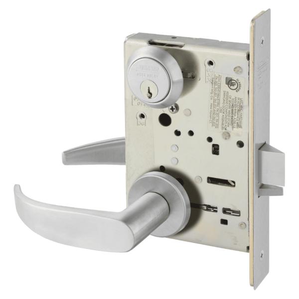 708205LNP26D Office Mortise Lock with P Lever & LN Rose with Small Format IC Disposable Construction Core, Satin Chrome
