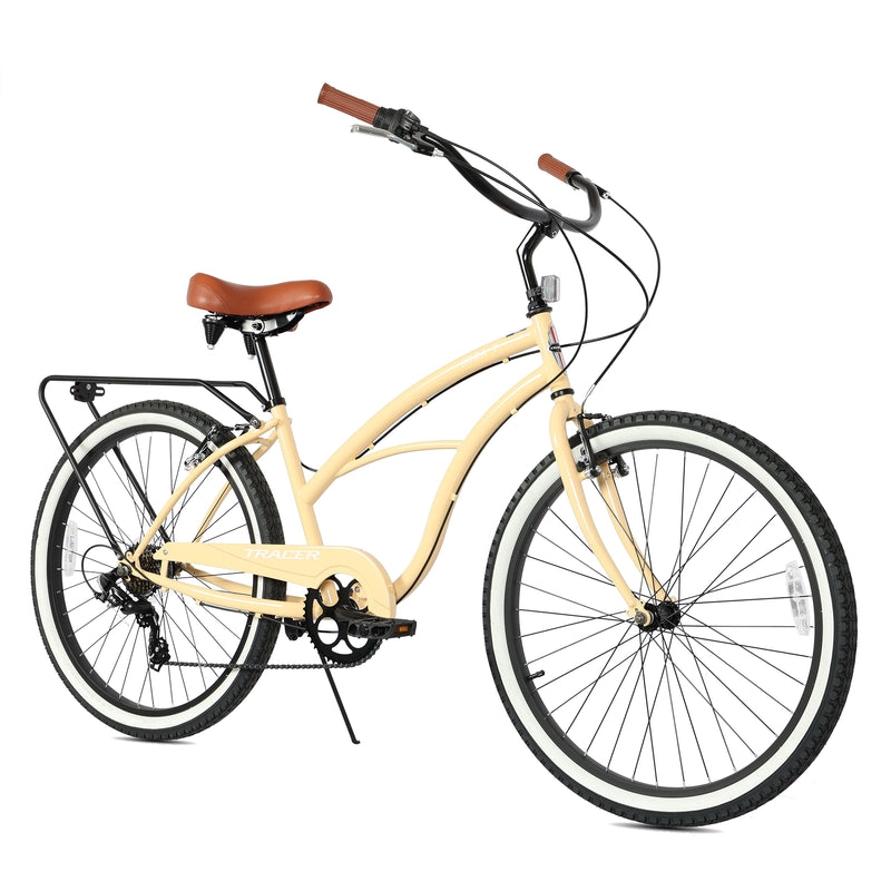 Bora 26 Inch 7 Speed Beach Cruiser Bikes for Women with Rear Rack - Vanilla