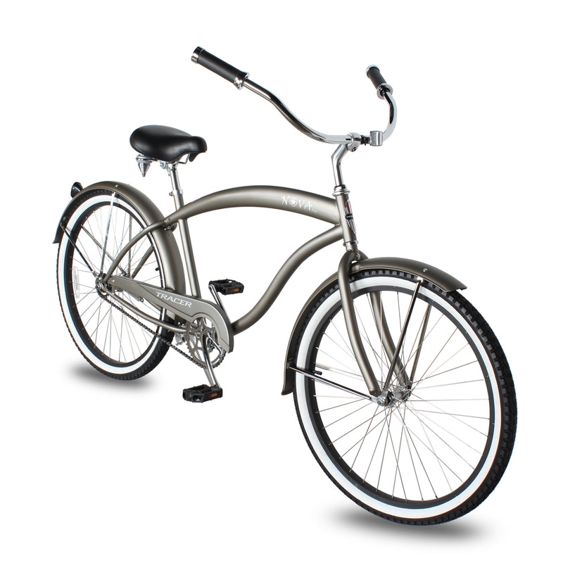 Nova 26 Inch Beach Cruiser Bikes Single Speed with Fenders for Men - Matte Grey