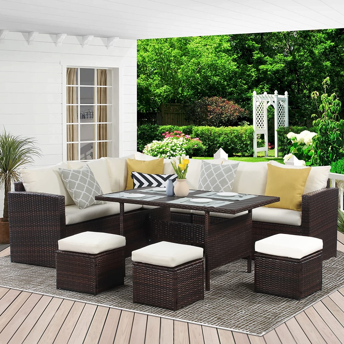 PE Rattan Wicker Patio Dining Sectional Cusions Sofa Set with Brown - 7 Piece