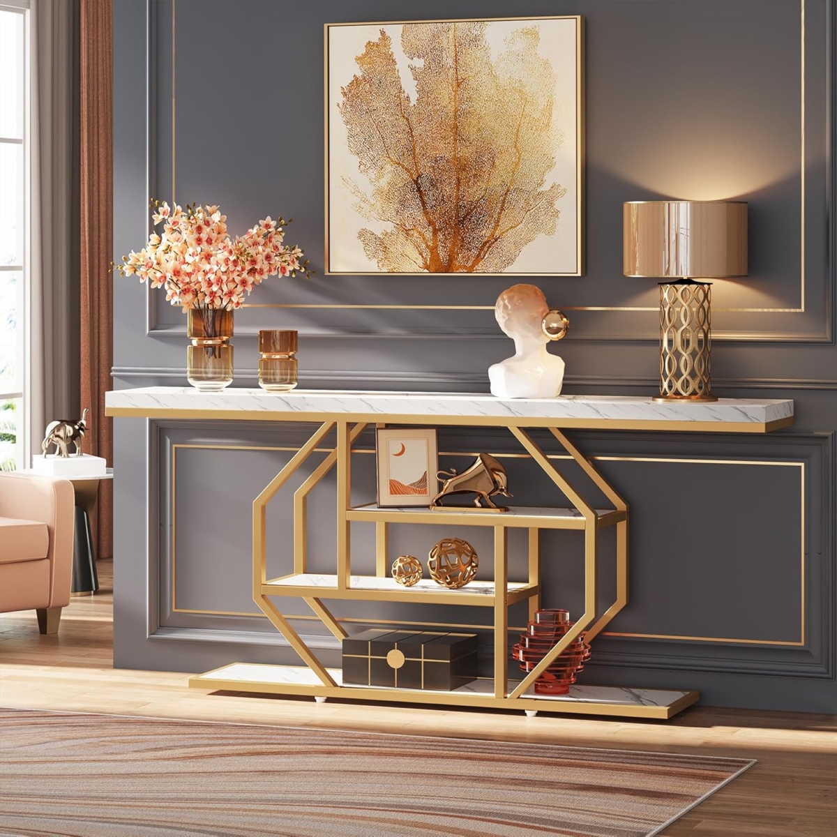 Extra Long Gold Console Table - Faux Marble White - 70.9 in. - 4-Tier Storage