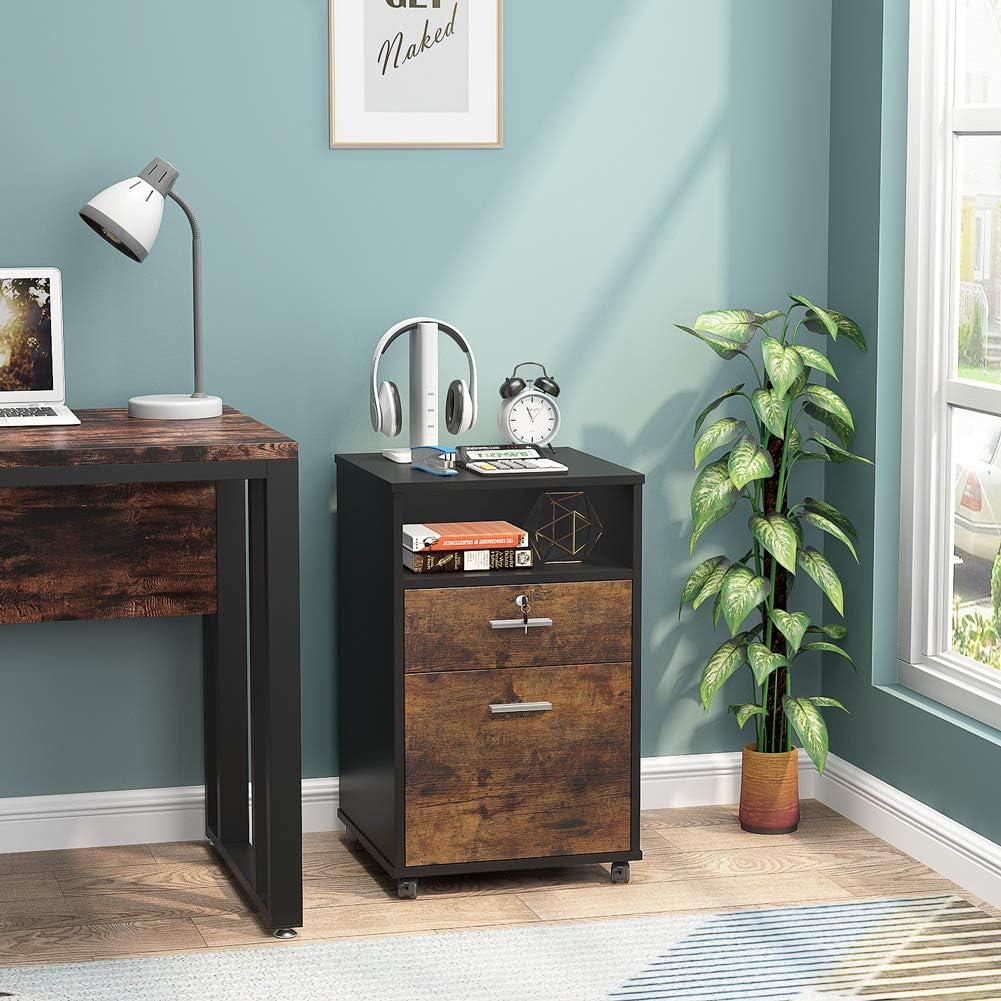 TB-C0747 2-Drawer File Cabinet Mobile Printer Stand with Lock - Rustic Brown