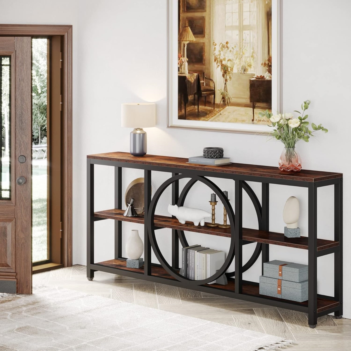 TB-C0770 70.9 in. Extra Long 3-Tier Sofa Console Table with Unique Circular Frame - Rustic Brown & Black