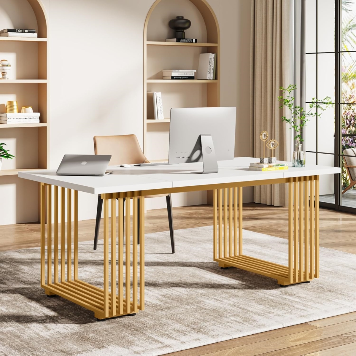 TB-J0094X 70.9 in. Modern Executive Computer Desk with Gold Metal Legs - White - Large