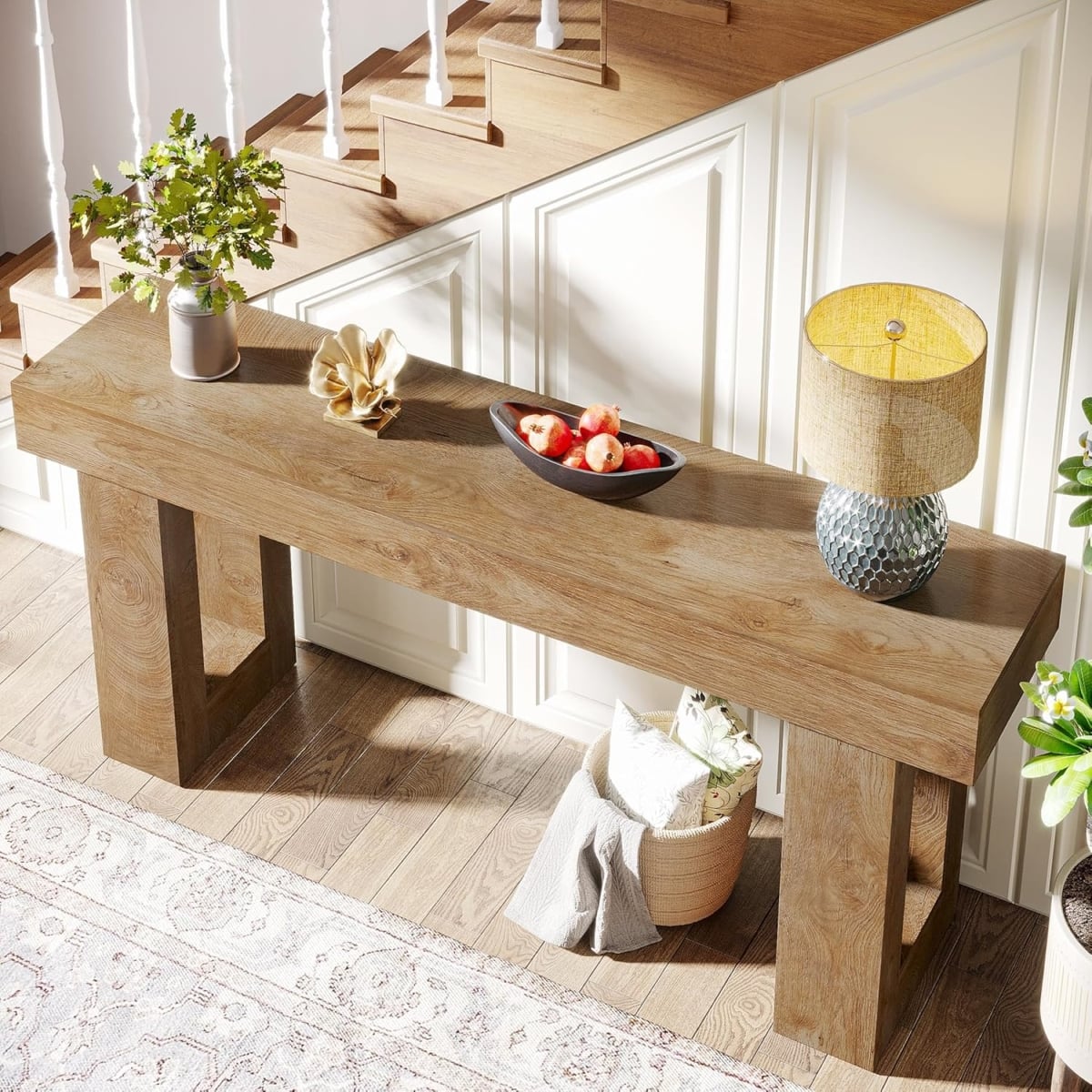 TB-JW0908 63 in. Farmhouse Console Table - Extra Long Narrow Behind Couch - Natural Wood Finish
