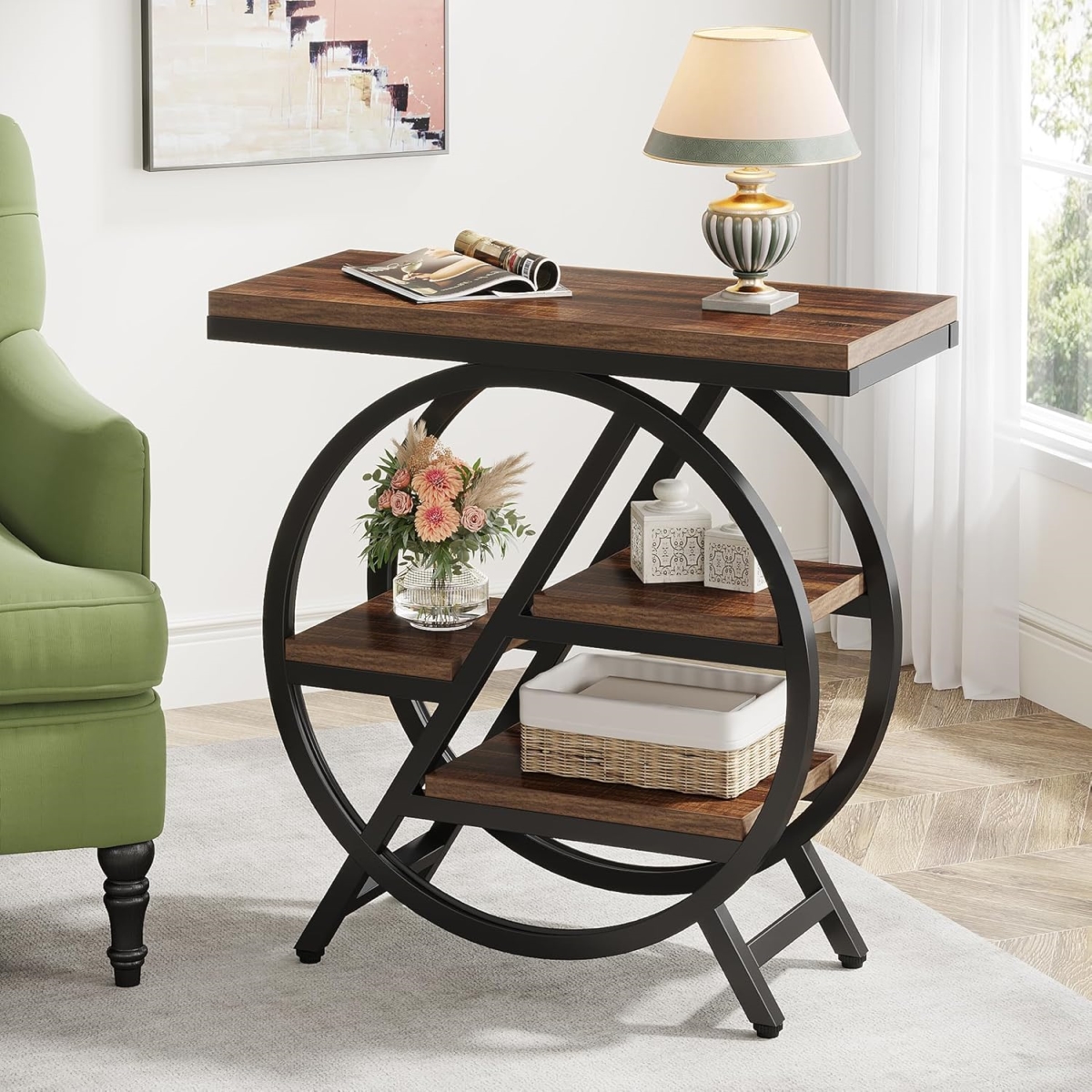 TB-JW0922 25.59 in. 3-Tier Narrow Geometric Accent End Table with Storage - Small - Rustic Brown & Black