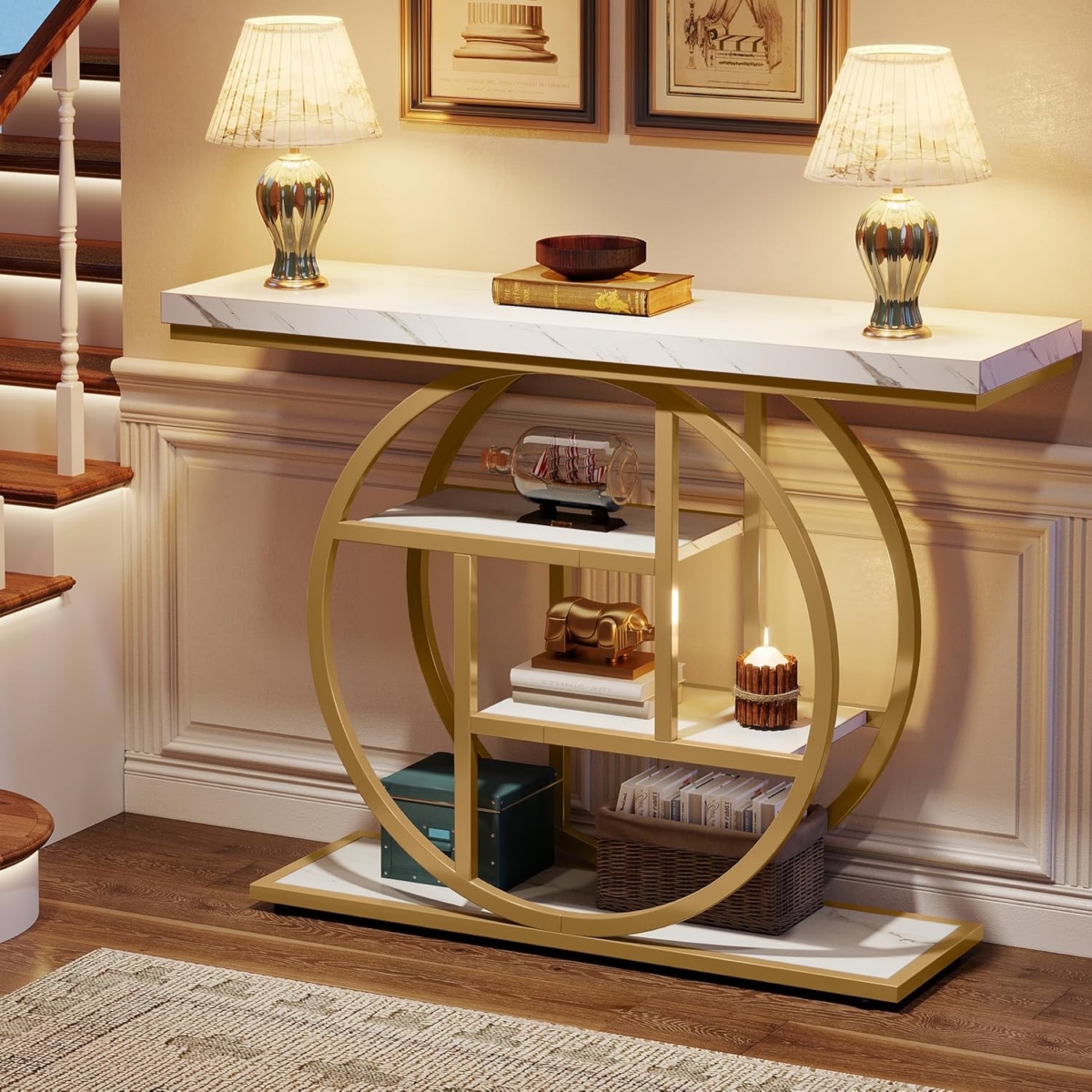 TB-JW0837 41.3 in. 4-Tier Industrial Console Table with Circle Base & Storage - White & Gold Finish