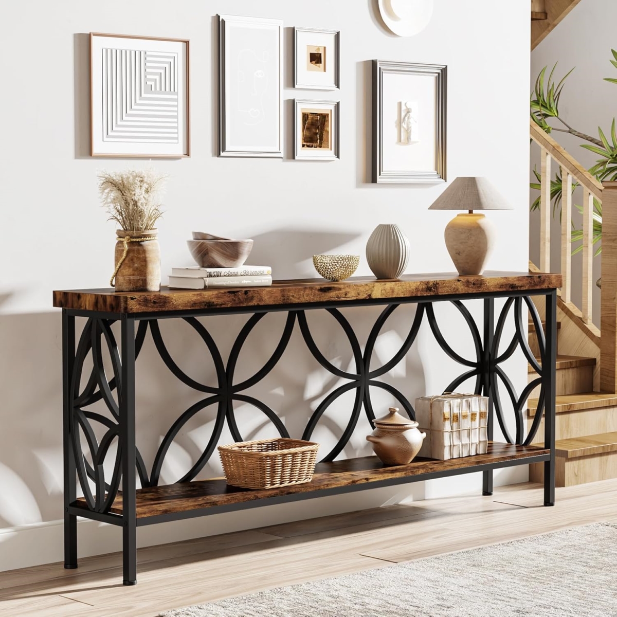 TB-F1809 70.9 in. Extra Long Narrow Behind Couch Industrial Console Table with Open Storage Shelves - Rustic Brown