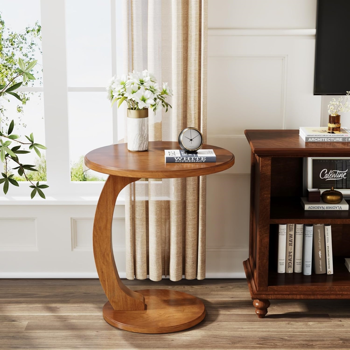 TB-F1829 18.9 in. C-Shaped Round Sofa End Side Table - Retro Boho Nightstand with Solid Wood Veneer - Vintage Brown