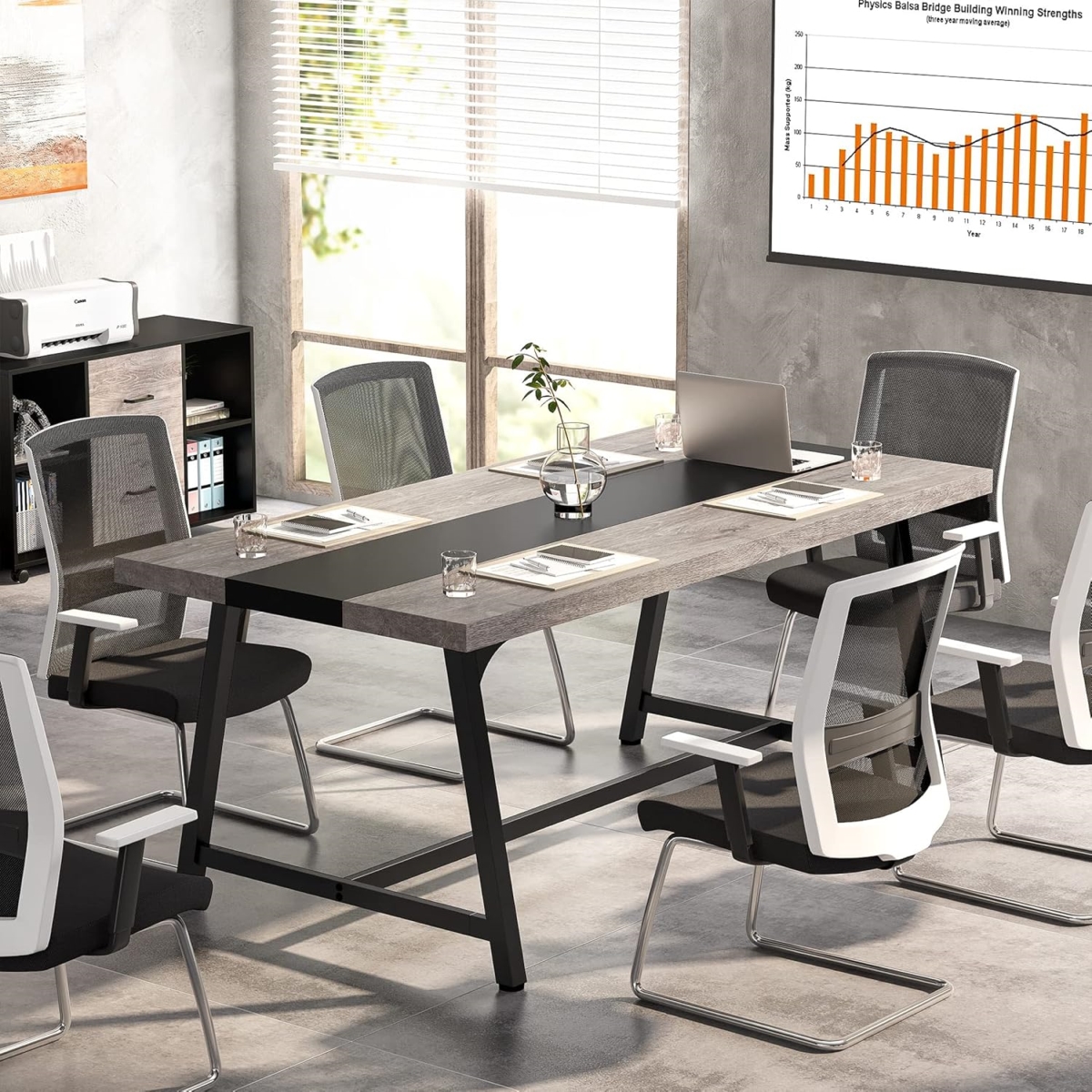 TB-F2041 70.87 in. Modern Rectangular Conference Table with Durable Metal Frame, Large - Gray & Black