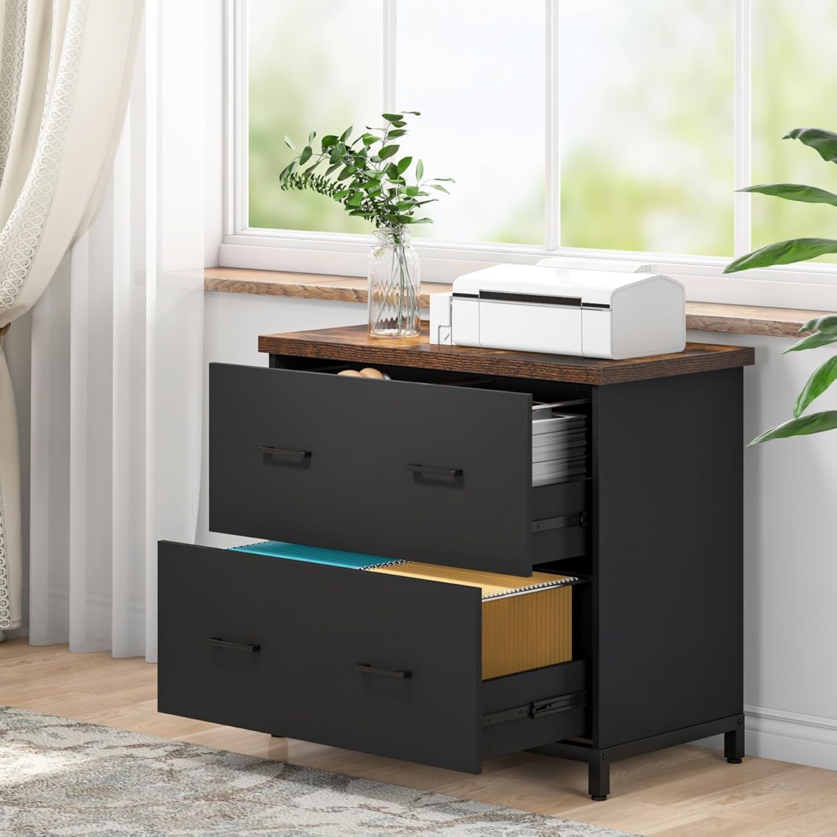 TB-HL0118 2-Drawer Lateral Rustic Wood Filing Cabinet Printer Stand with Storage & Heavy-Duty Steel Frame, Brown & Black