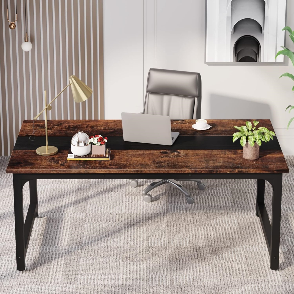 TB-U0170 63 in. Large Modern Computer Desk with Steel Frame - Rustic Brown & Black