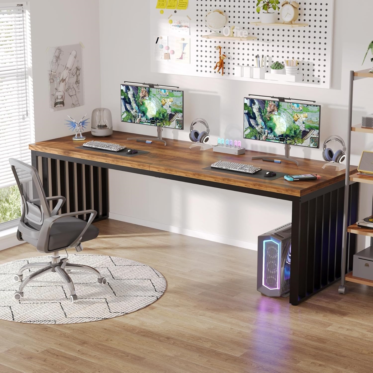 TB-YS0183 78.74 in. Double Computer Desk - Extra Long Industrial Workstation with Heavy Duty Metal Frame - Large - Brown & Black Finish