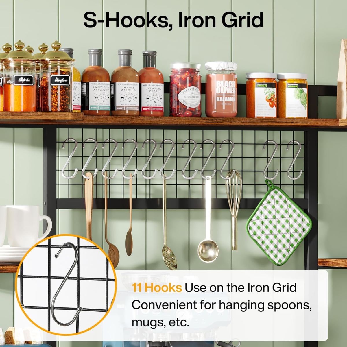 TB-JW0586 55 in. 5-Tier Industrial Kitchen Storage Shelf Rack with Hooks & Microwave Stand - Rustic Brown - Large