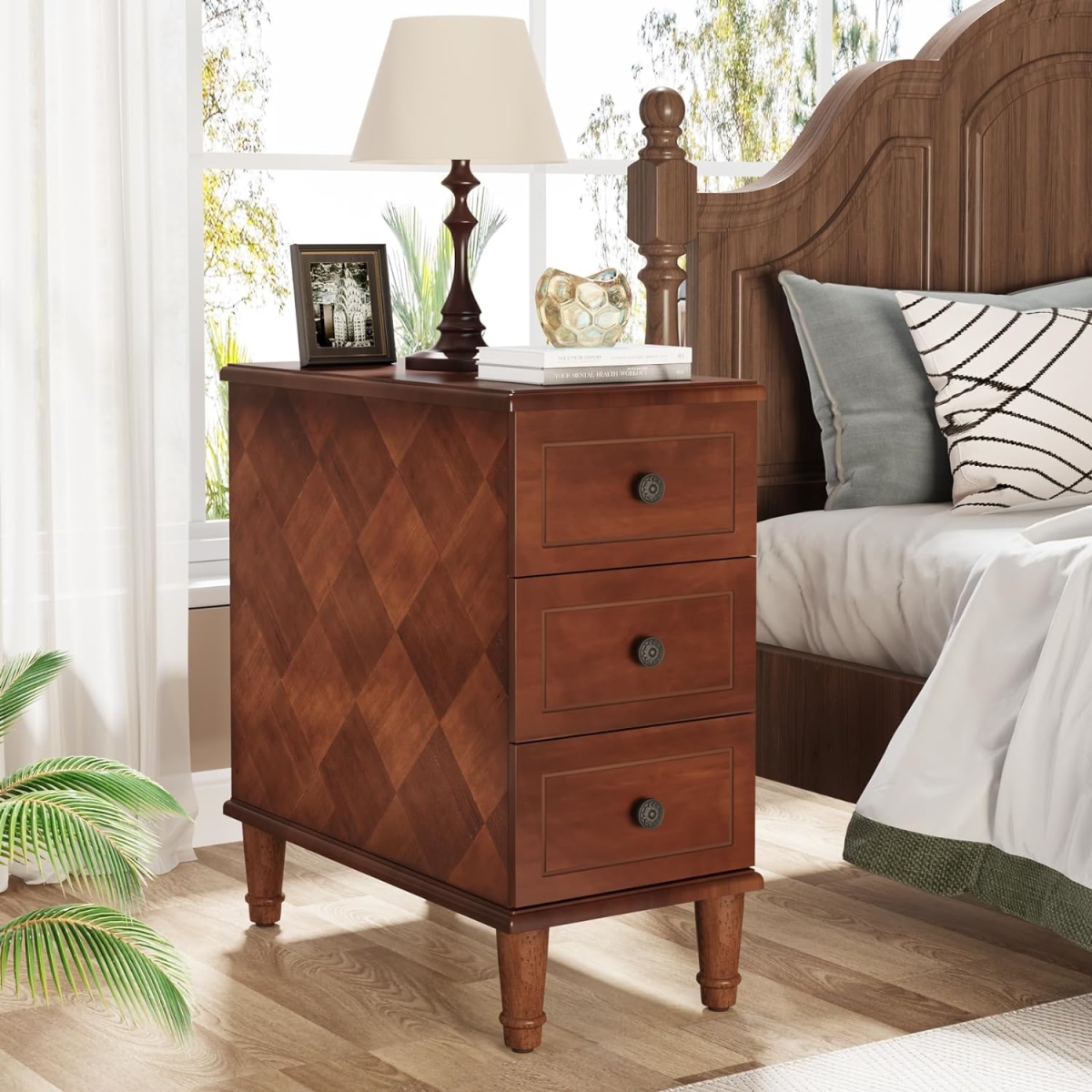 TB-JW0668 11.81 in. Solid Wood Narrow End Table - Fully Assembled 3-Drawer Nightstand - Brown