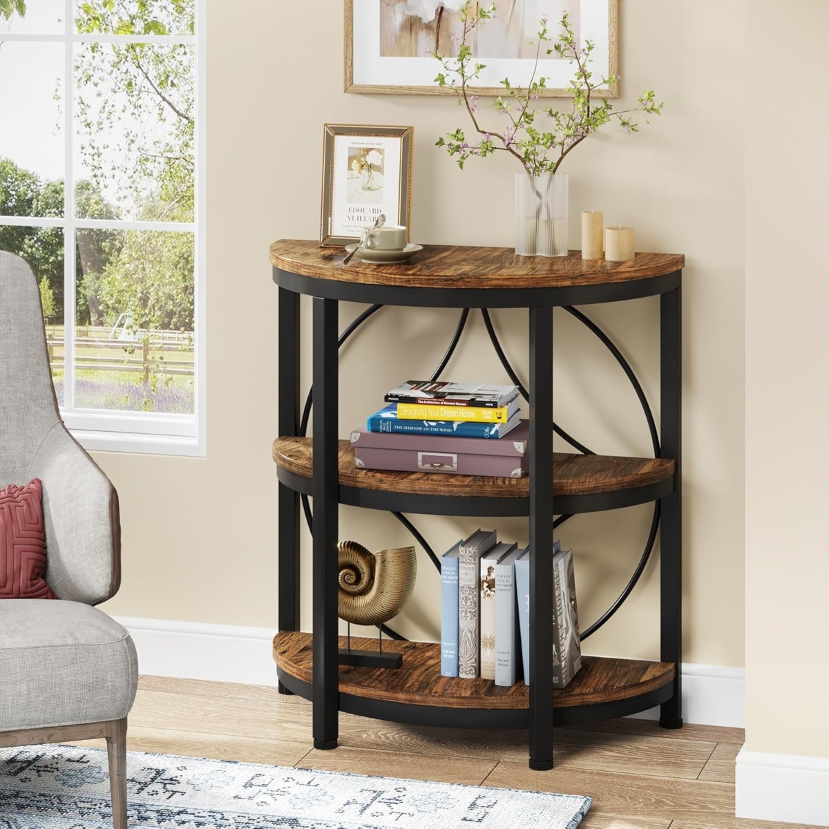 TB-JW0704 23.62 in. Industrial 3-Tier Half Moon End Table with Storage Shelves - Rustic Brown Wood & Black