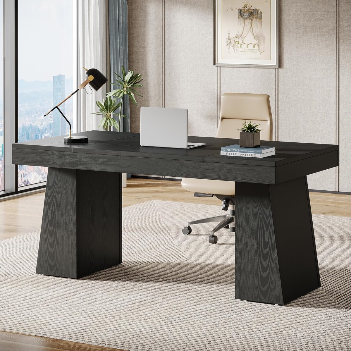 TB-JW1081 55 in. Mid-Century Modern Executive Desk with Double Trapezoid Base, Black