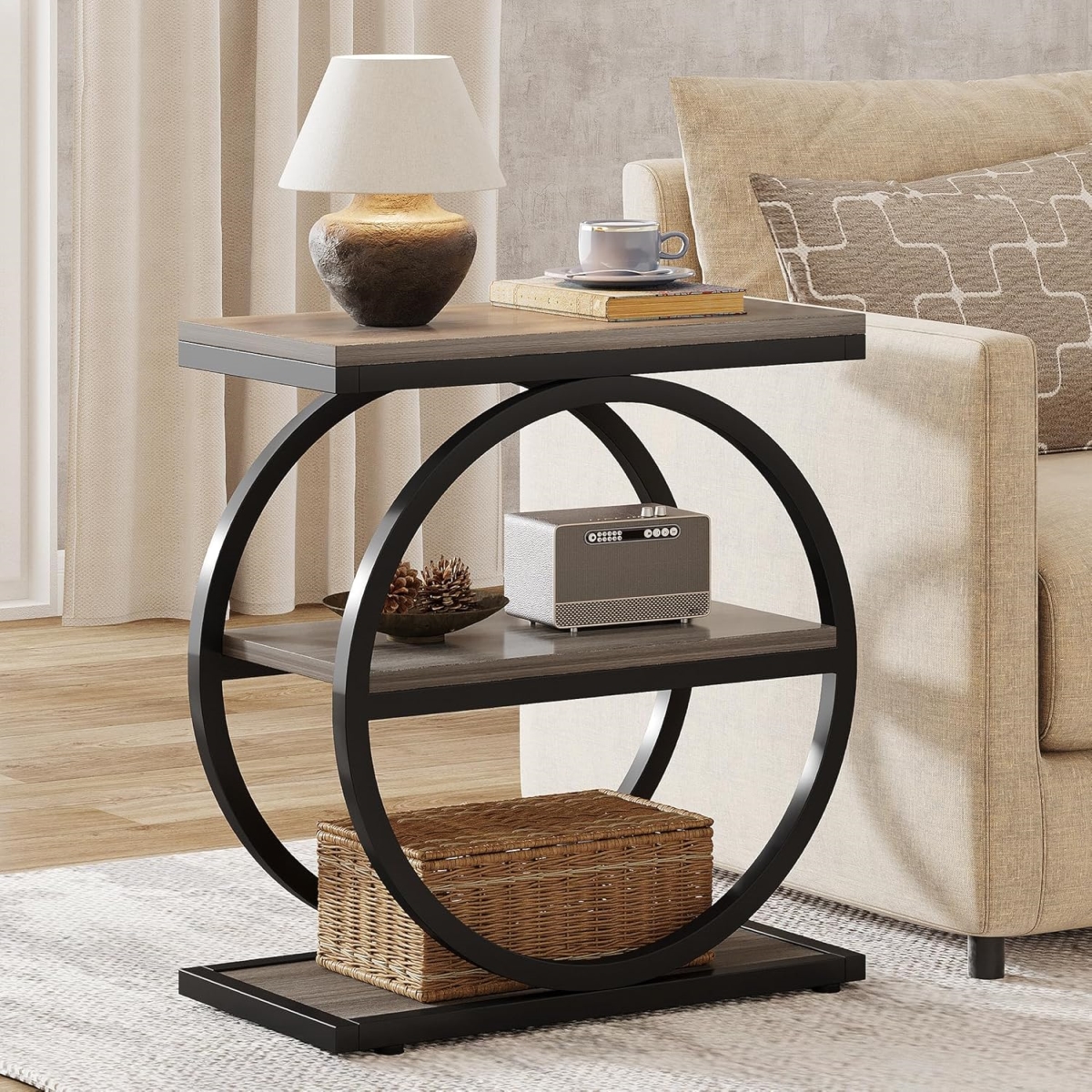 TB-JW0781 23.6 in. Multi-Functional Industrial Narrow End Table with 3 Shelves - Gray Wood & Black