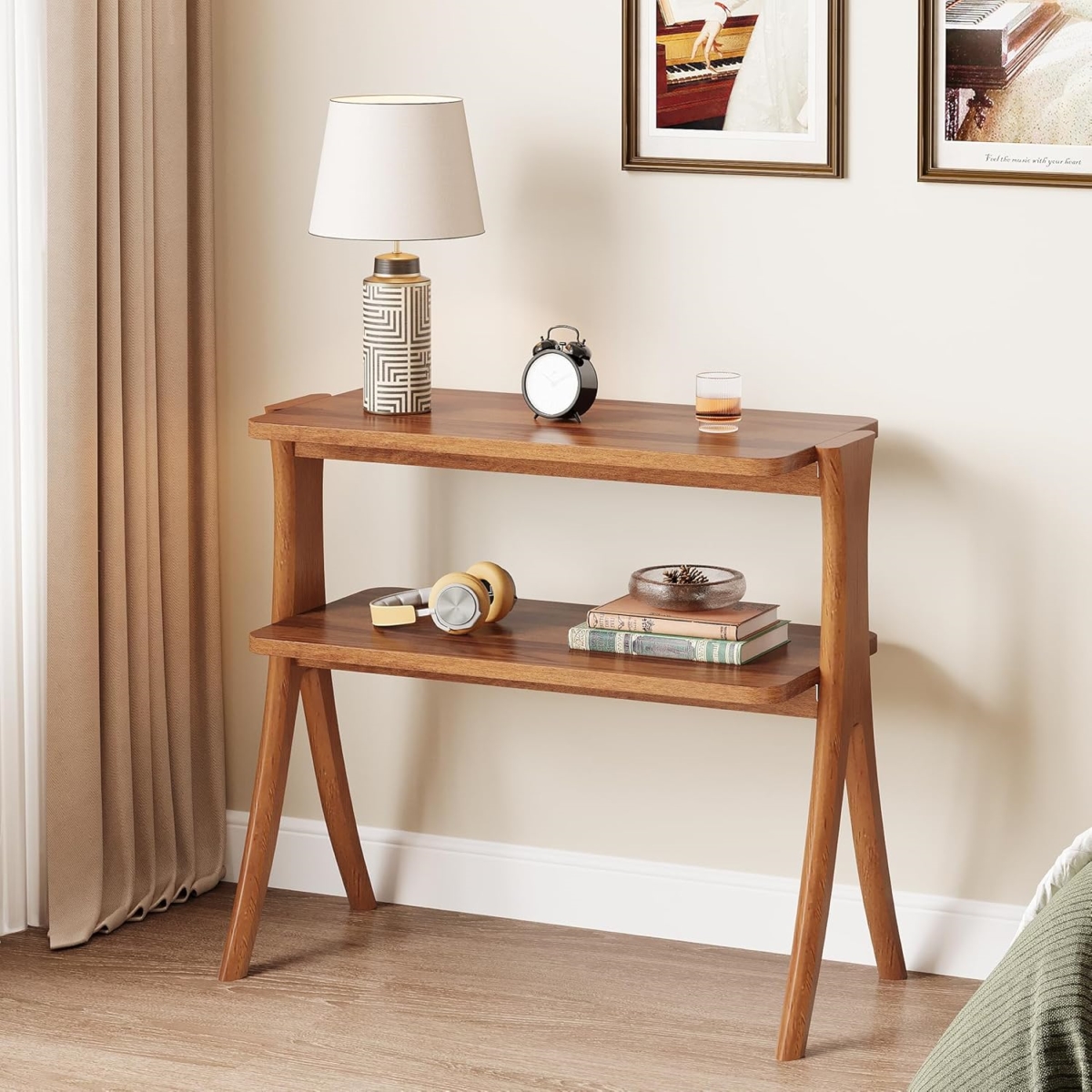 TB-HL0116 25.2 in. 2-Tier Farmhouse Narrow Side Table with Solid Wood Legs - Small - Walnut