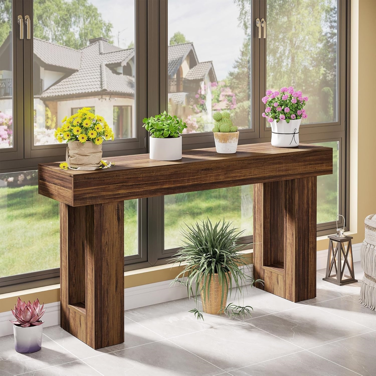 TB-JW1129 63 in. Long Rectangular Farmhouse Console Table, Solid Wood Grain Entryway Hallway - Rustic Brown