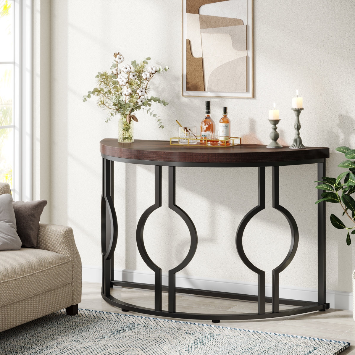 TB-NY031 43 in. Half Moon Console Table with Geometric Base - Rustic Brown