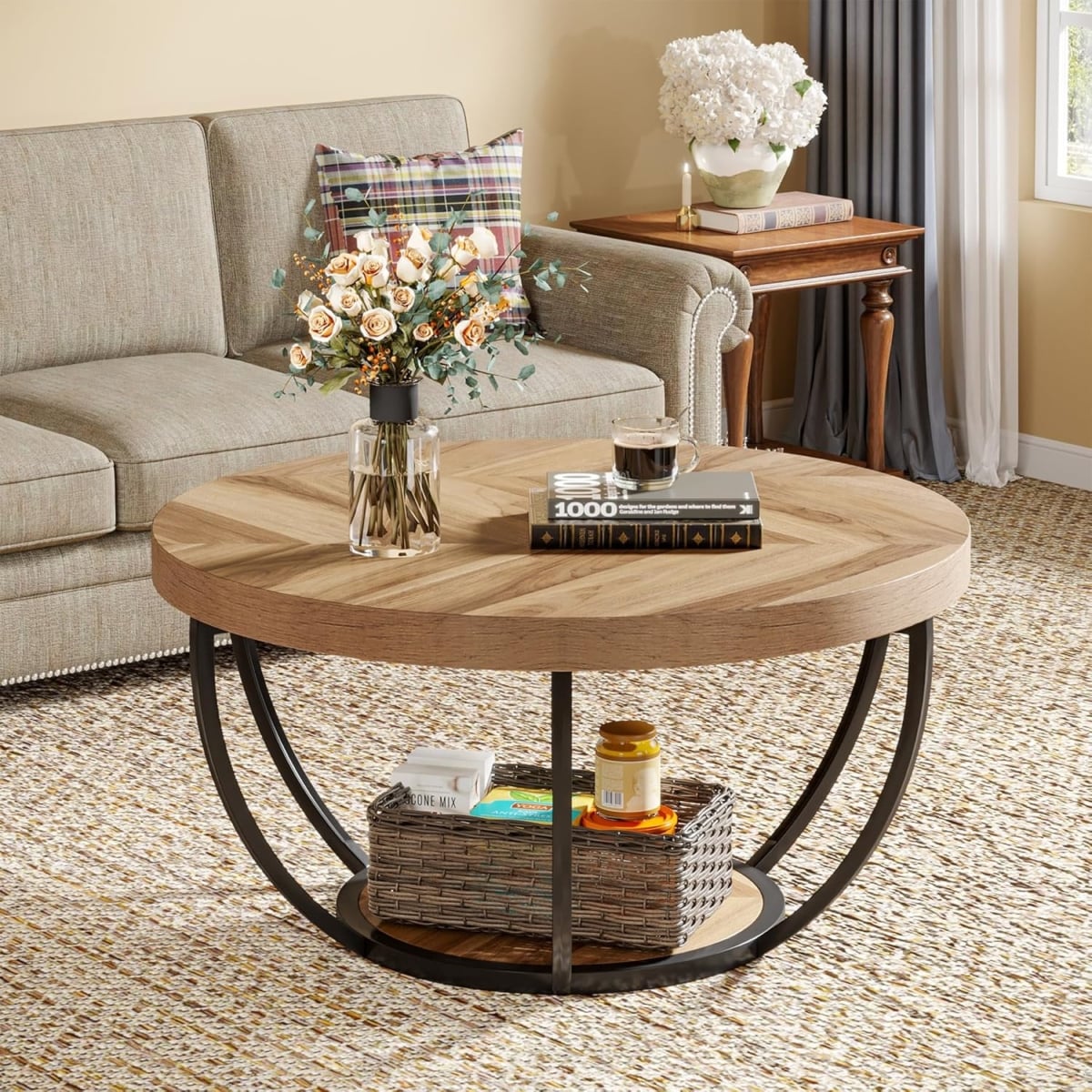 TB-NY036 31.7 in. Modern 2-Tier Wood Accent Round Coffee Table with Storage Open Shelves - Wooden Grain & Black