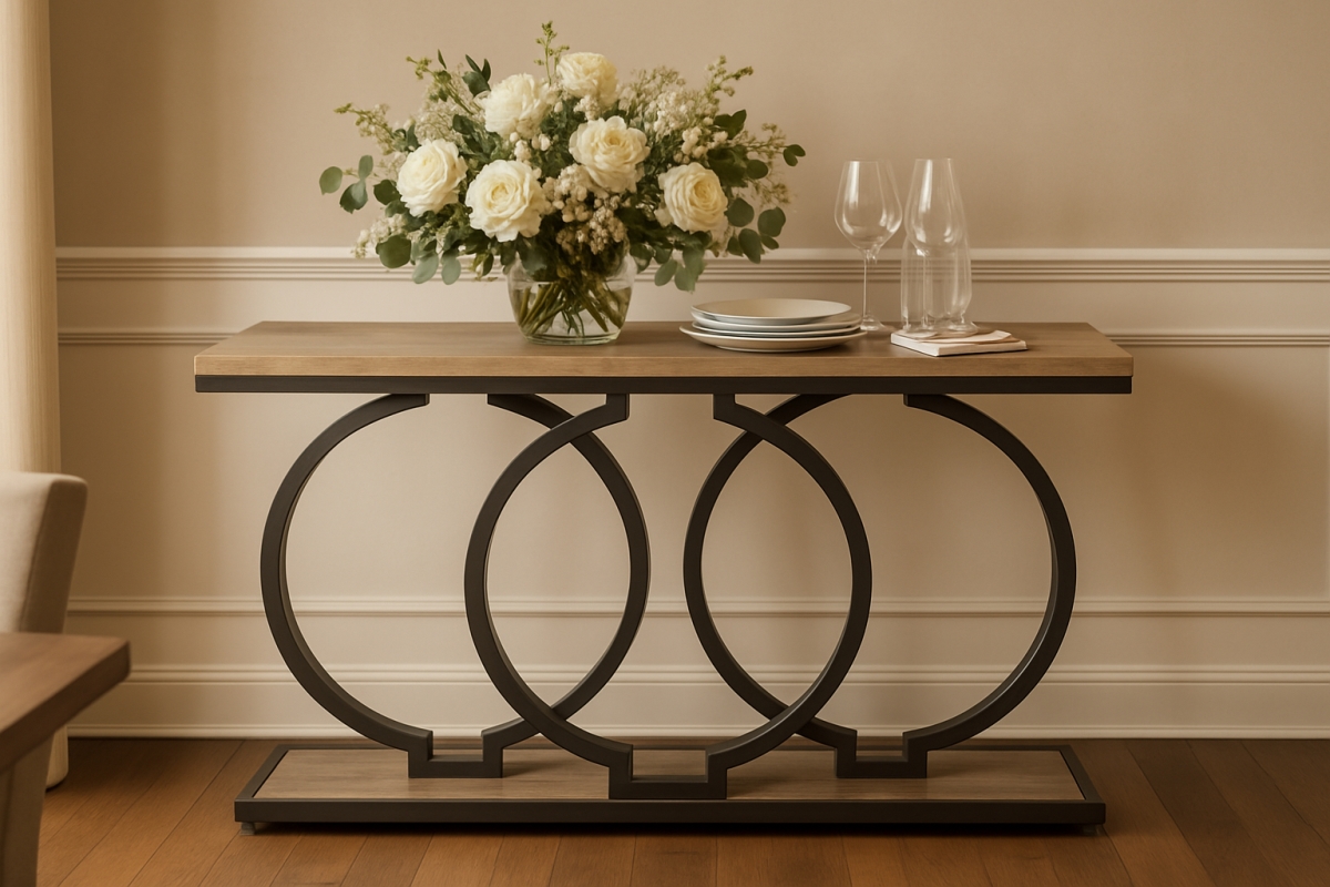 TB-XK00330 55 in. Industrial Console Table - Narrow Long Entryway with Geometric Metal Frame & Vintage - Gray
