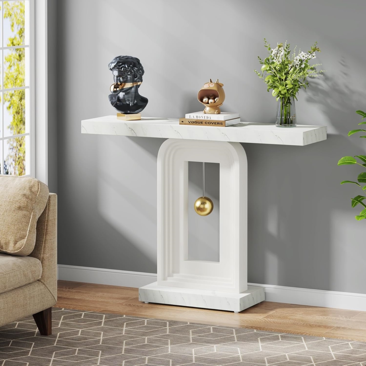 TB-XK00461 40 in. Modern Narrow Entryway Console Table with Geometric Base - Faux Marble White