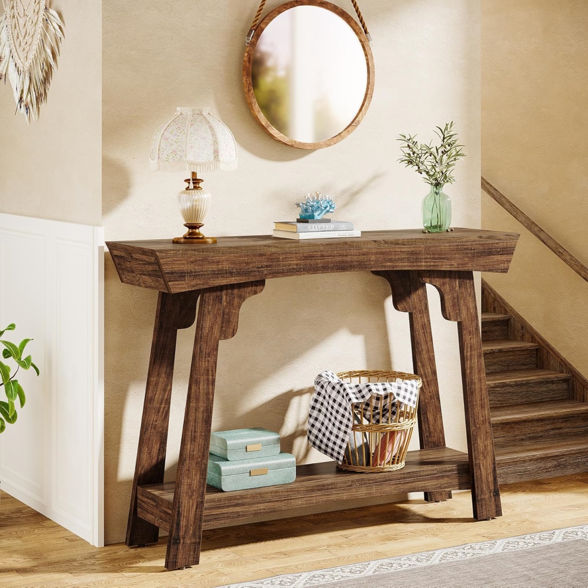 TB-JW1012 41 in. 2-Tier Small Entryway Wood Behind Couch Console Table with Storage - Rustic Brown
