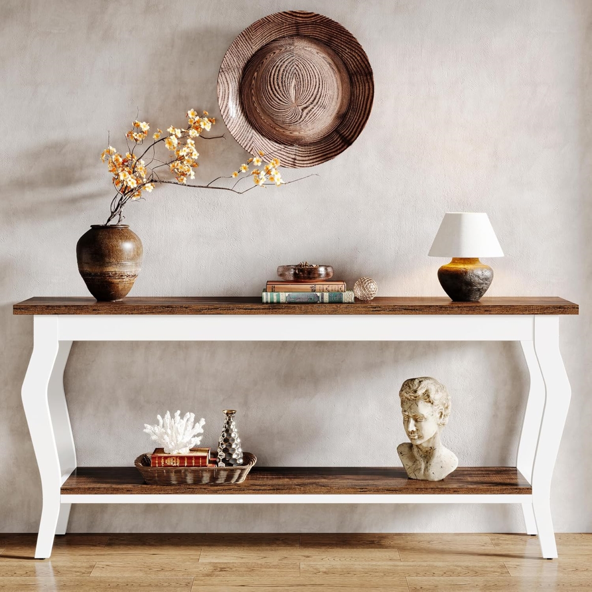 TB-RY0106 70.9 in. Vintage French Extra Long Behind Couch Console Table with 2 Shelves - White & Brown
