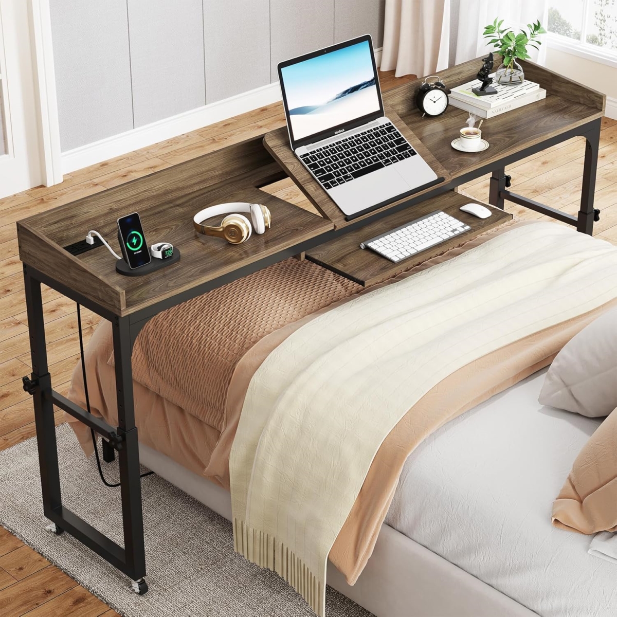 TB-NY114 35.4 To 43.3 in. Height Adjustable Overbed Table with Wheels - 70.8 in. Queen Size Mobile Laptop Desk - Dark Gray