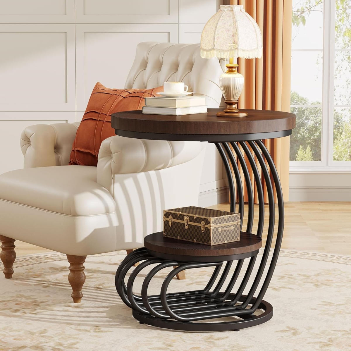 TB-NY146 19.68 in. 2-Tier Round Vintage End Table with Storage & Arc Metal Frame - Rustic Brown