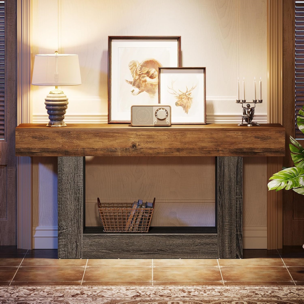 TB-RY0240 63 in. 2-Tier Rustic Entryway Farmhouse Console Table with Storage - U-Shaped Gray Base - Rustic Brown & Gray Wood Finish