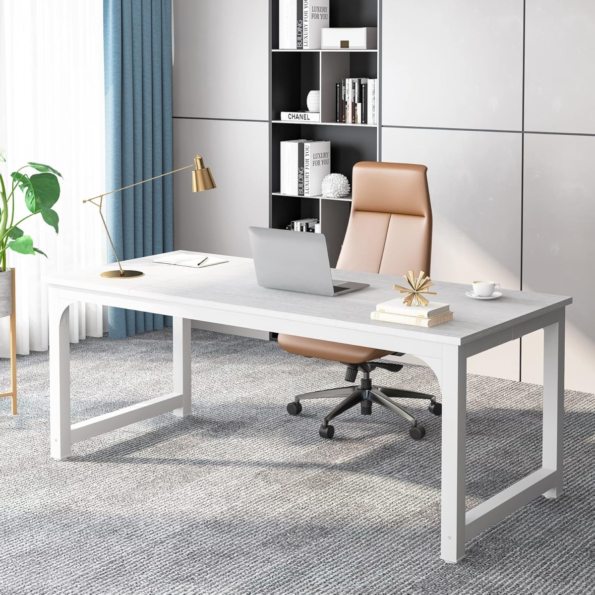 TB-U0133 70.8 in. Executive Modern Computer Workstation Office Desk with Thick Metal Frame - Large - White