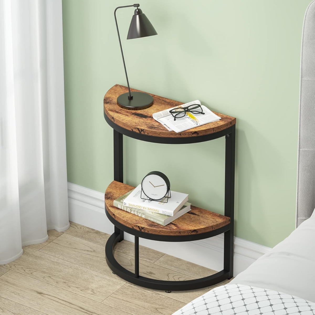 TB-U0173 19.69 in. Slim Half Moon 2 Tier Semi Circle End Table with Storage Shelf - Rustic Brown