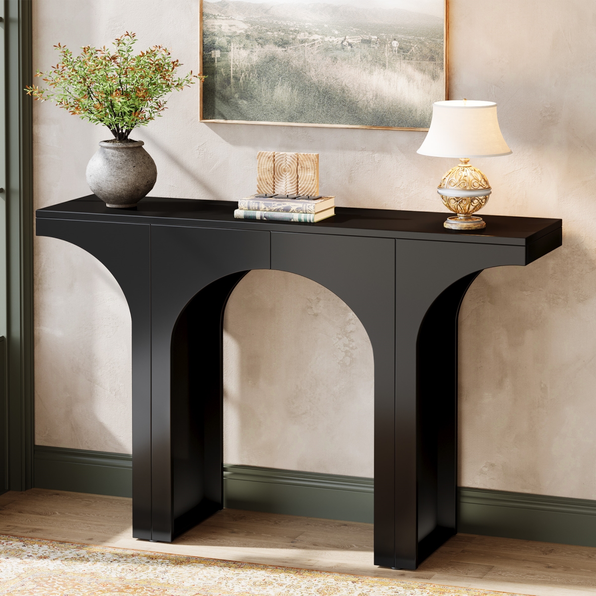 TB-RY0058 47 in. Modern Narrow Hallway Console Table with Arched Base - Black
