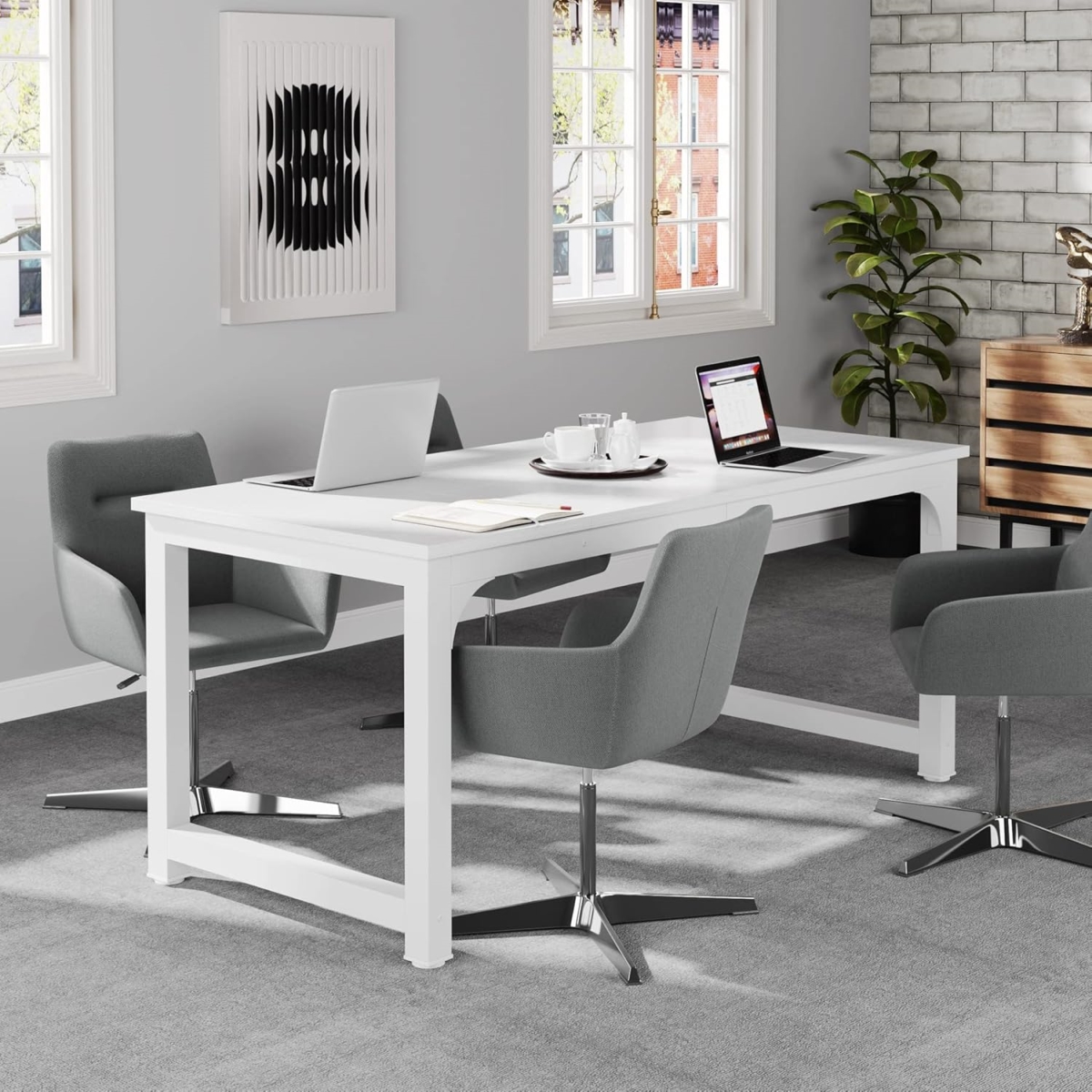 TB-U0149 63 in. Modern Office Computer Workstation Executive Desk with Thick Metal Frame - Large - White Finish