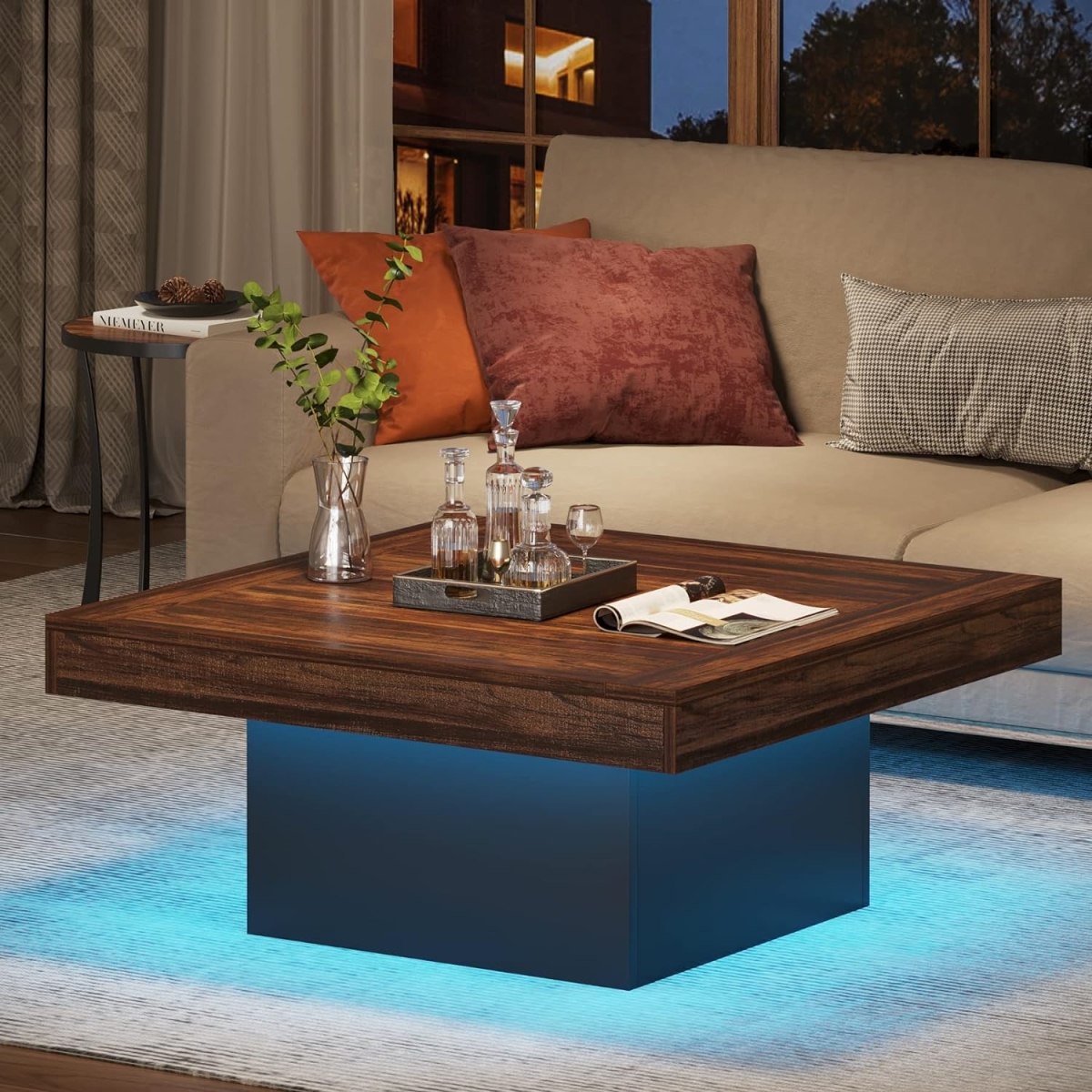 TB-XK00590 35.4 in. Farmhouse Modern Center Square LED Coffee Table with Engineered Wood Top & Black Base, Rustic Brown