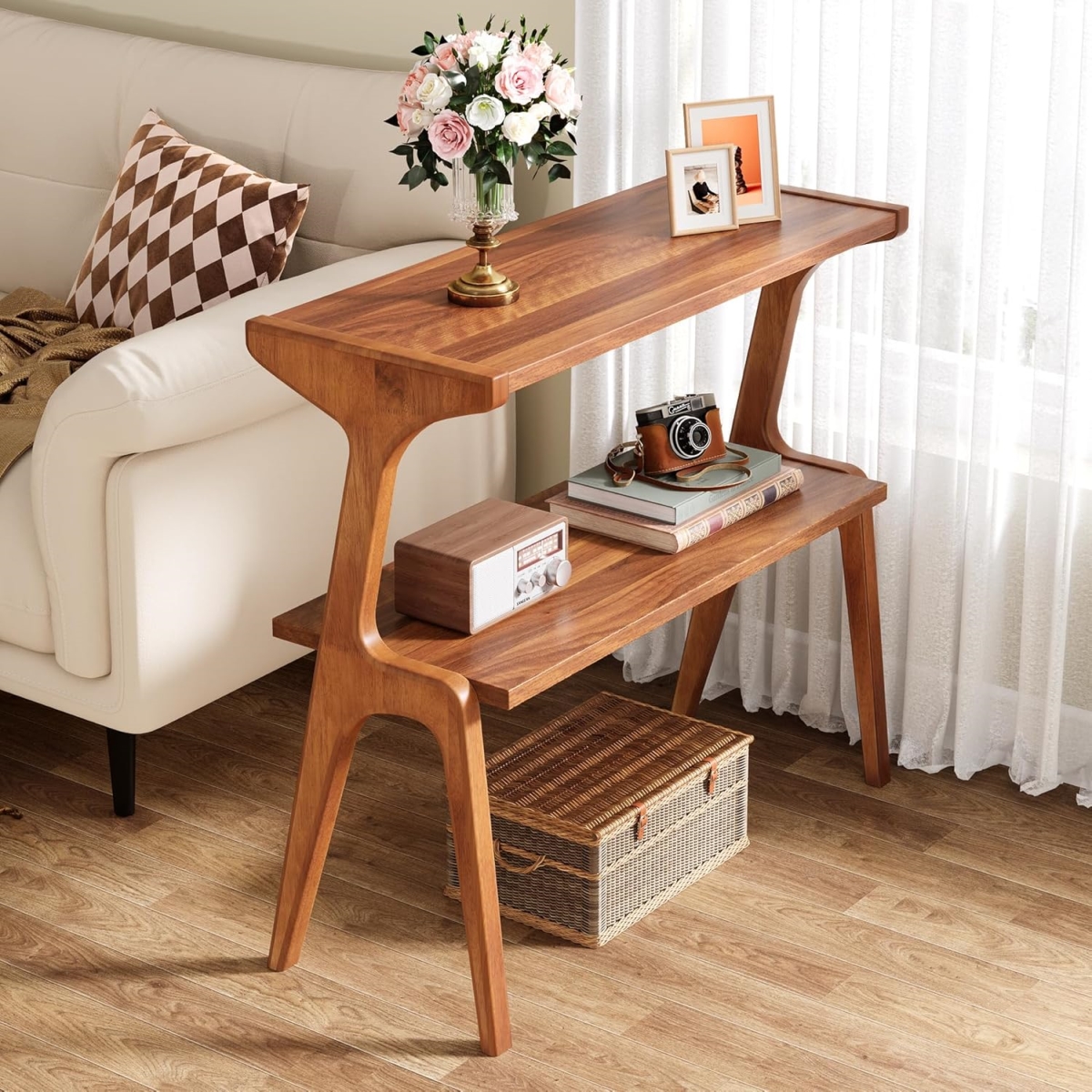 TB-HL0109X 27.56 in. Narrow Farmhouse Mid Century Modern Solid Wood End Table with 2-Tier Storage Shelf, Cherry Finish