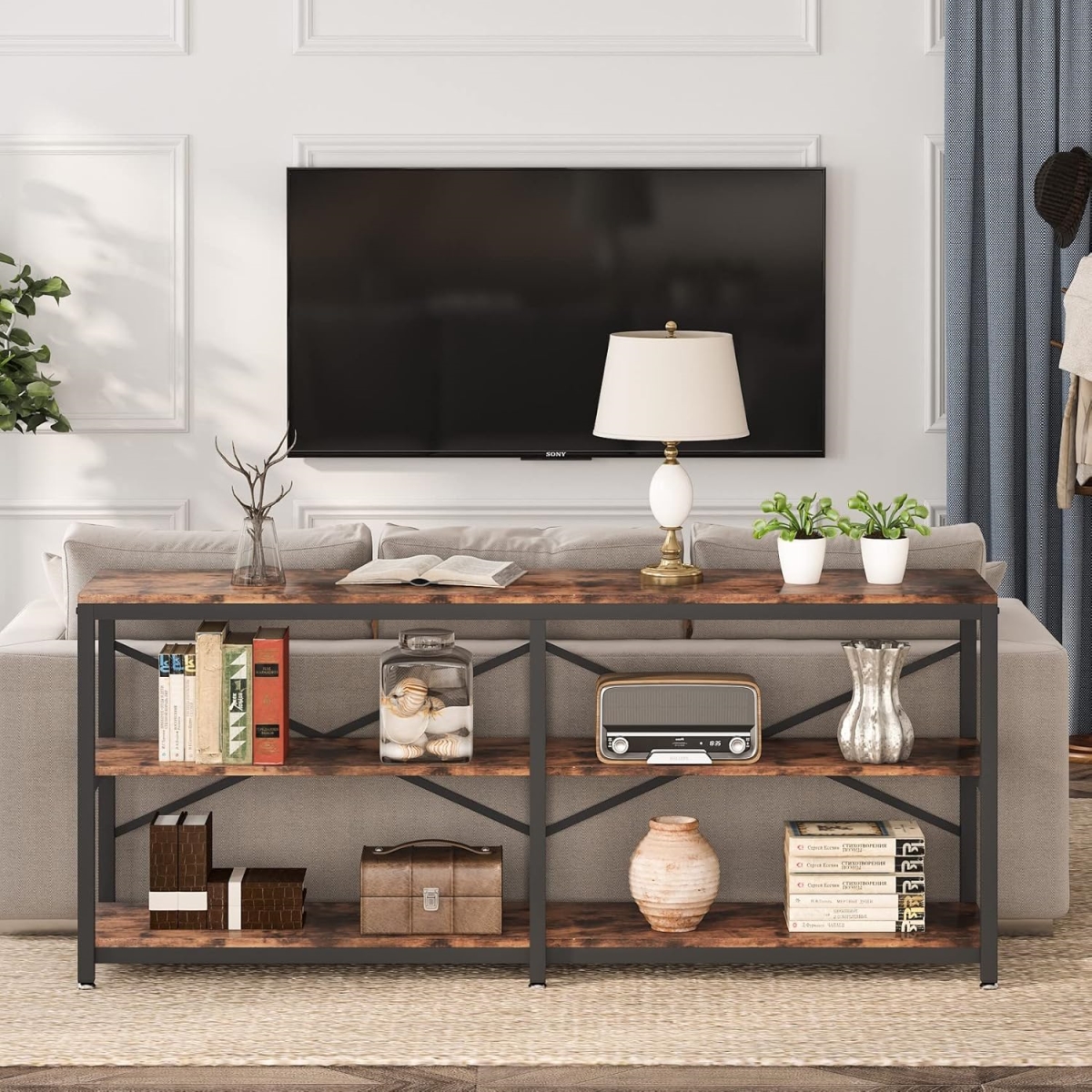TB-J0105X 70.9 in. 3-Tier Extra Long Console Table with Storage Shelves - Industrial Behind Couch - Rustic Brown