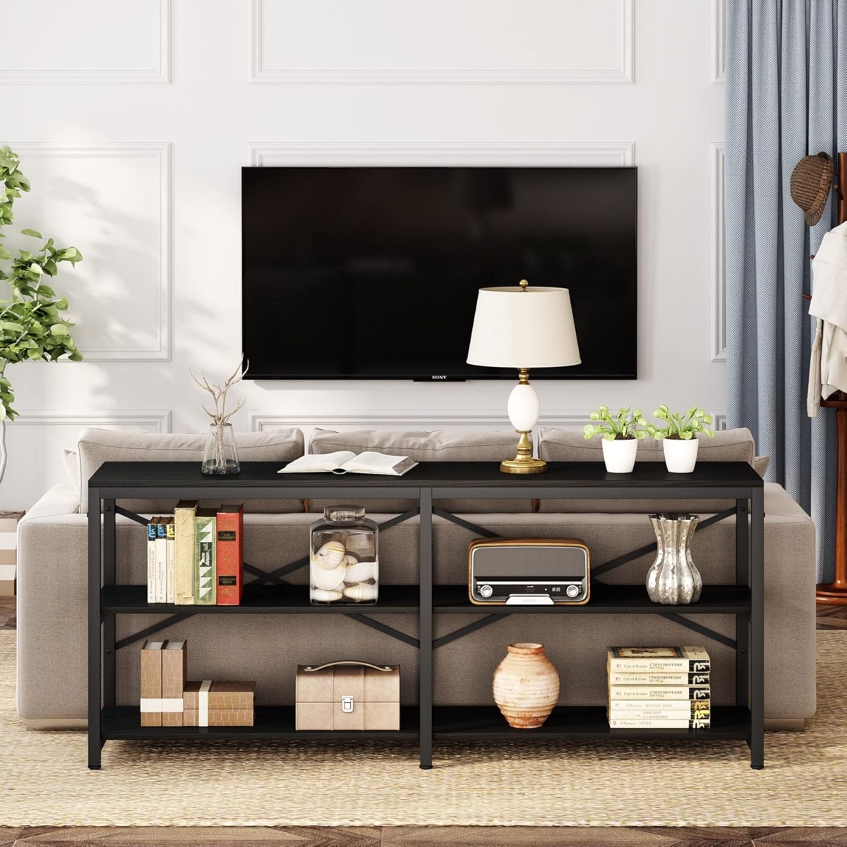 TB-J0106X 70.9 in. 3-Tier Industrial Extra Long Console Table with Storage Shelves - Black