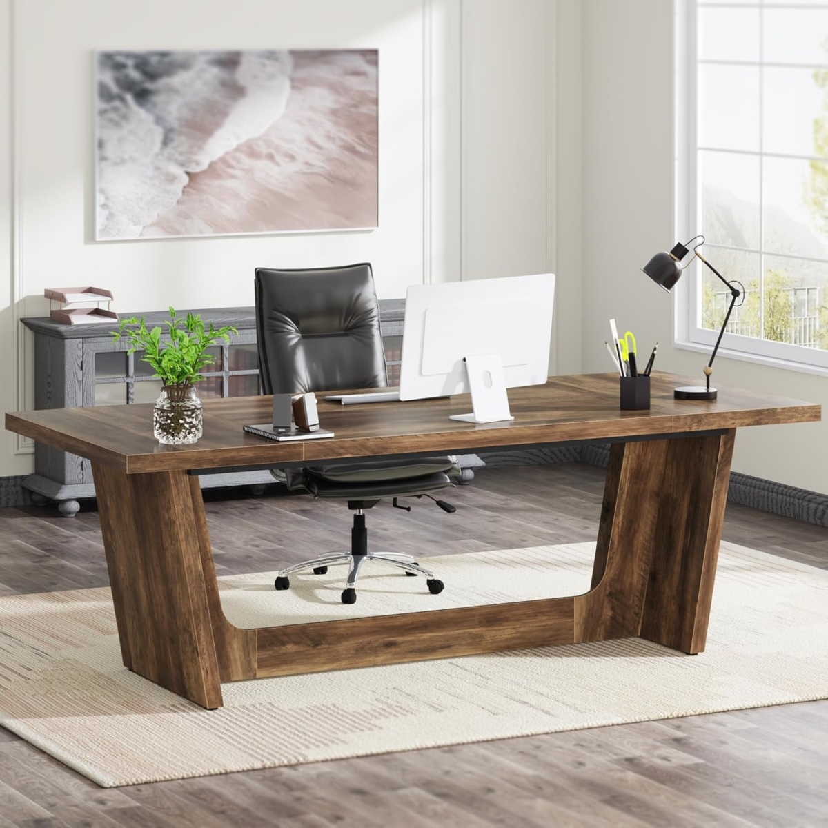TB-JW0716 71 in. Executive Industrial Rustic Wood Computer Desk with Solid Wooden Pedestal - Large - Rustic Brown